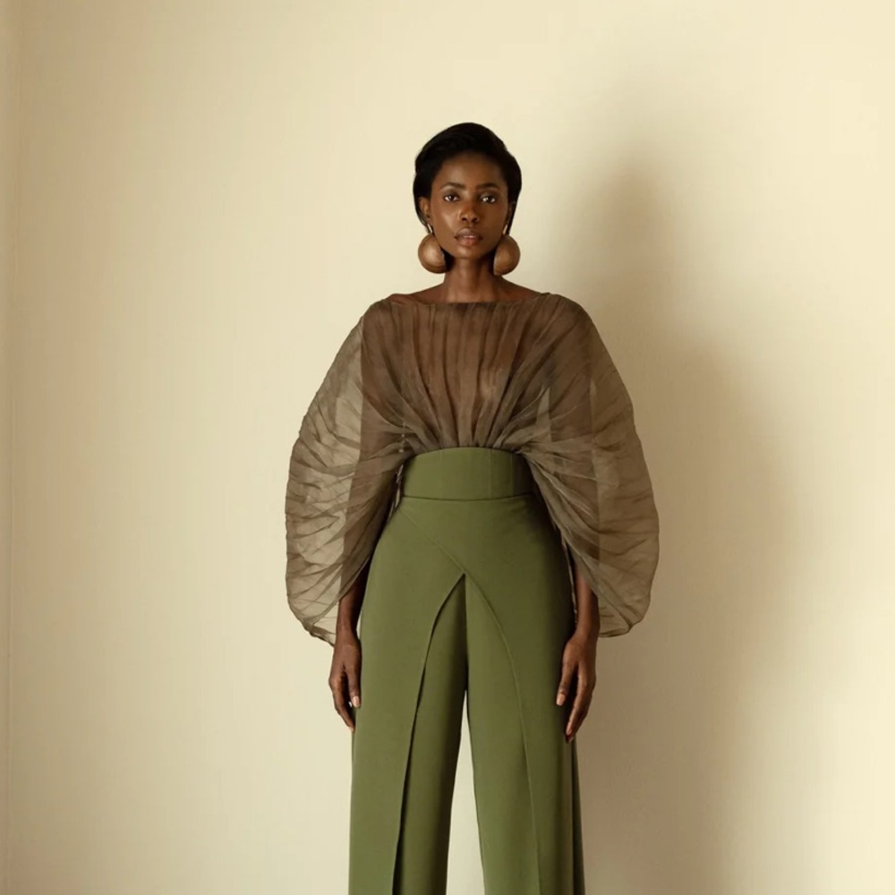 Andrea Iyamah Sombra Sheer Pleated Bodysuit in Jade Forrest Green XL SOLD OUT